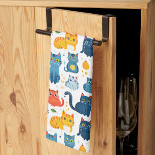 Beautiful kawaii cats, playing with toys white ba Tea Towel