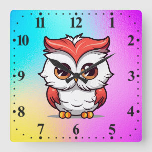 Beautiful Kawaii Style Owl Cartoon Square Wall Clock