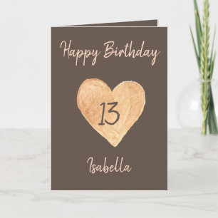Beautiful Khaki Watercolor Heart 13th Birthday  Card