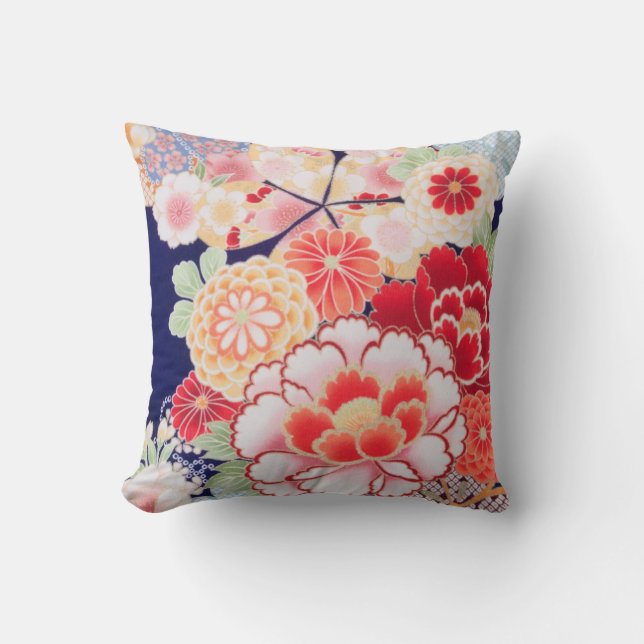 Beautiful Kimono Fine Floral Vintage Japanese Cushion (Front)