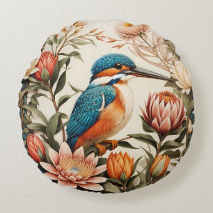 Beautiful Kingfisher and Protea Flowers Round Cushion