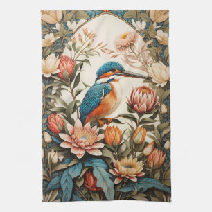 Beautiful Kingfisher and Protea Flowers Tea Towel