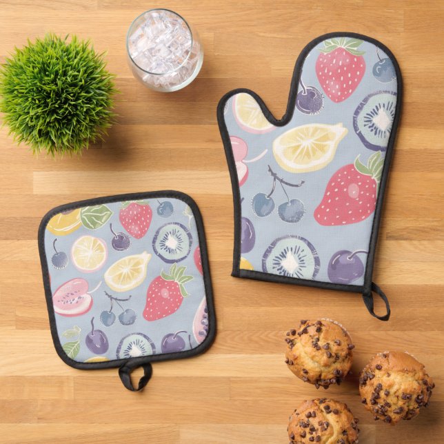 Beautiful Kitchen Cooking Fruits Oven Mitt & Pot Holder Set (Top Down)