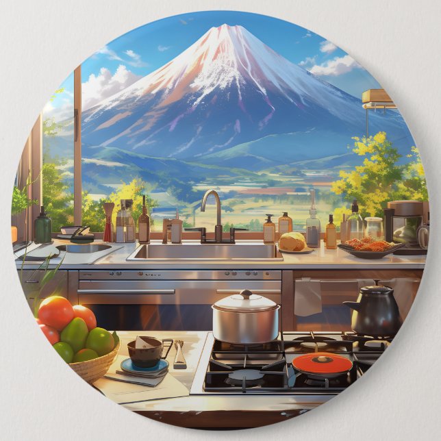 Beautiful Kitchen with View of Mount Fuji 6 Cm Round Badge (Front)