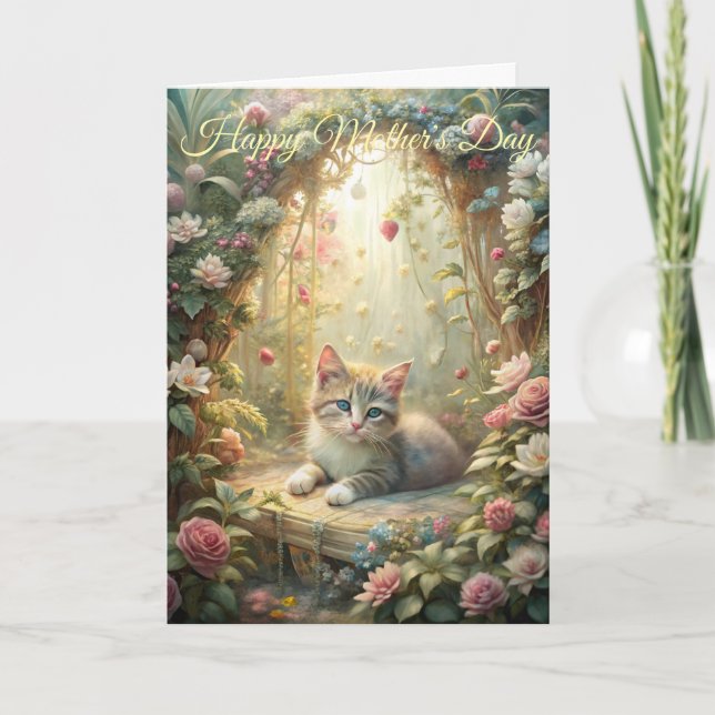 Beautiful Kitten in Rose Garden Mother's Day Holiday Card (Front)