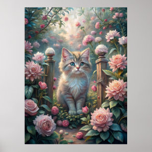 Beautiful Kitten in Rose Garden (Shabby Chic) Poster