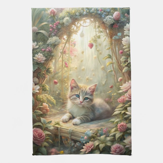 Beautiful Kitten in Rose Garden (Shabby Chic) Tea Towel (Vertical)