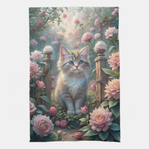 Beautiful Kitten in Rose Garden (Shabby Chic) Tea Towel