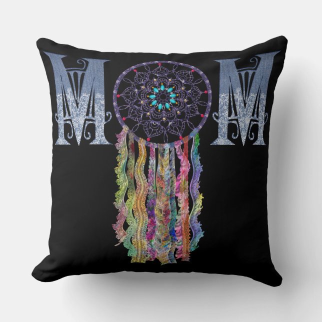 Beautiful Lace and Painted Denim MOM Dreamcatcher Cushion (Front)