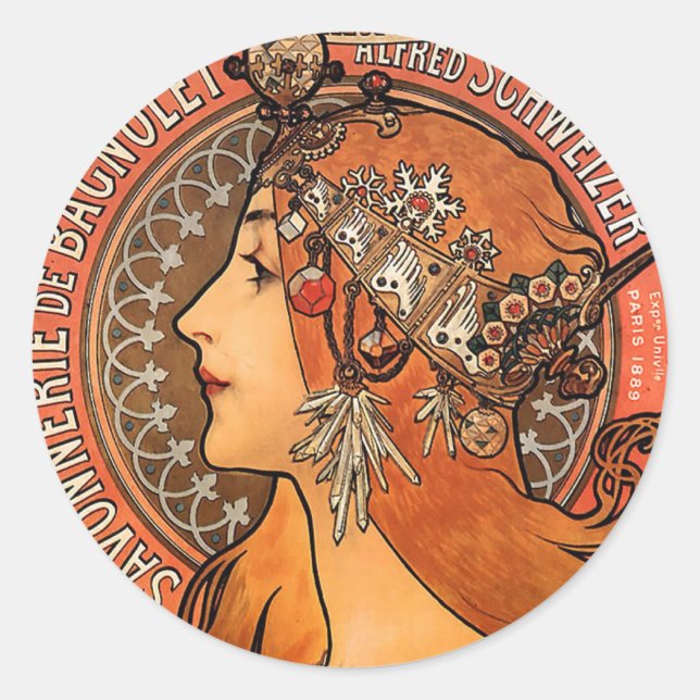 Beautiful ladies profile - Mucha Classic Round Sticker (Front)