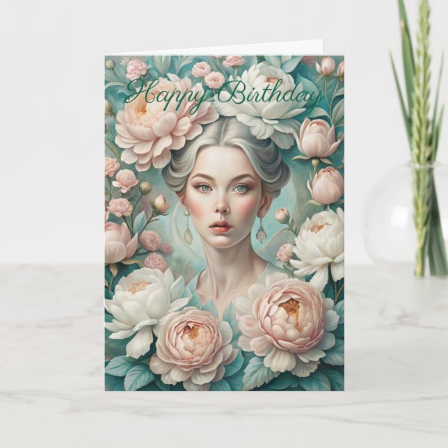 Beautiful Lady and Flowers Birthday Card (Front)