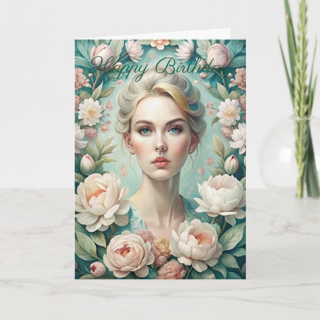 Beautiful Lady and Flowers Birthday Card (Front)