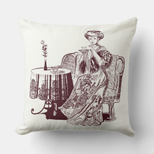 Beautiful Lady drinks tea Cushion