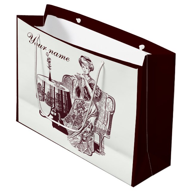 Beautiful Lady drinks tea Large Gift Bag (Front Angled)