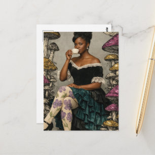 Beautiful Lady Drinks Tea Purple Mushrooms Postcard