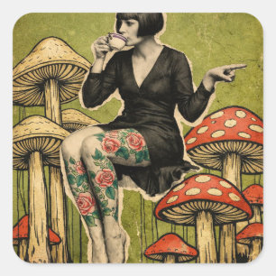 Beautiful Lady Drinks Tea Sits on Mushrooms Square Sticker