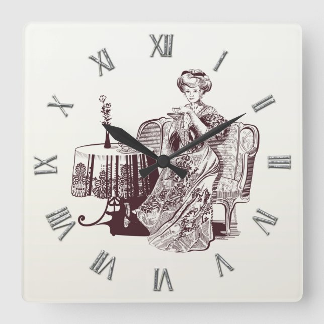 Beautiful Lady drinks tea Square Wall Clock (Front)