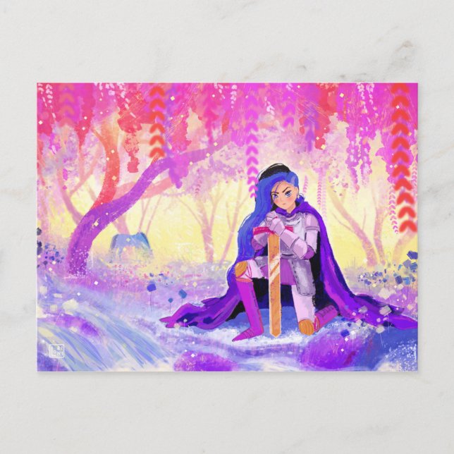 Beautiful lady knight in a blooming forest postcard (Front)
