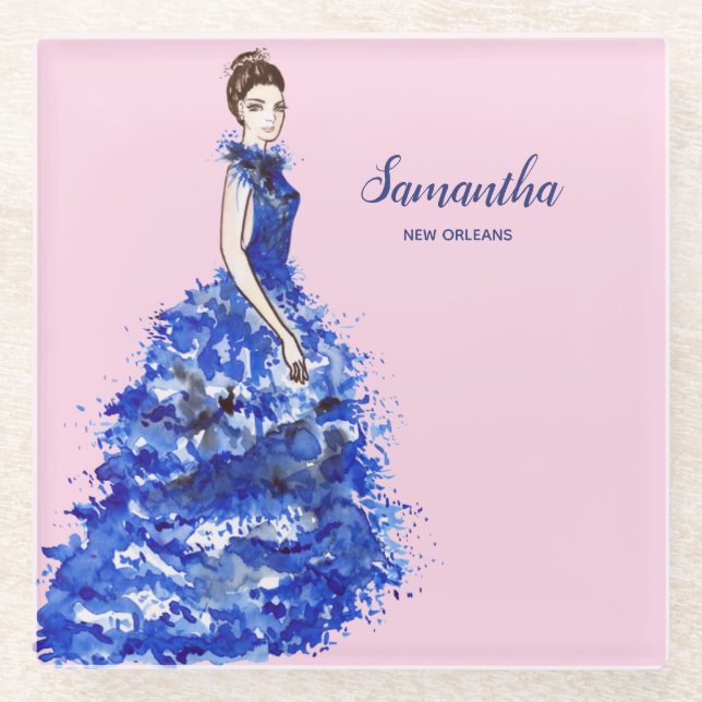 Beautiful Lady with Sparkly Blue Gown Fashion Glass Coaster (Front)