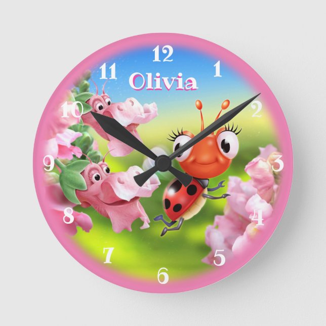 Beautiful Ladybug in the flower garden. Round Clock (Front)