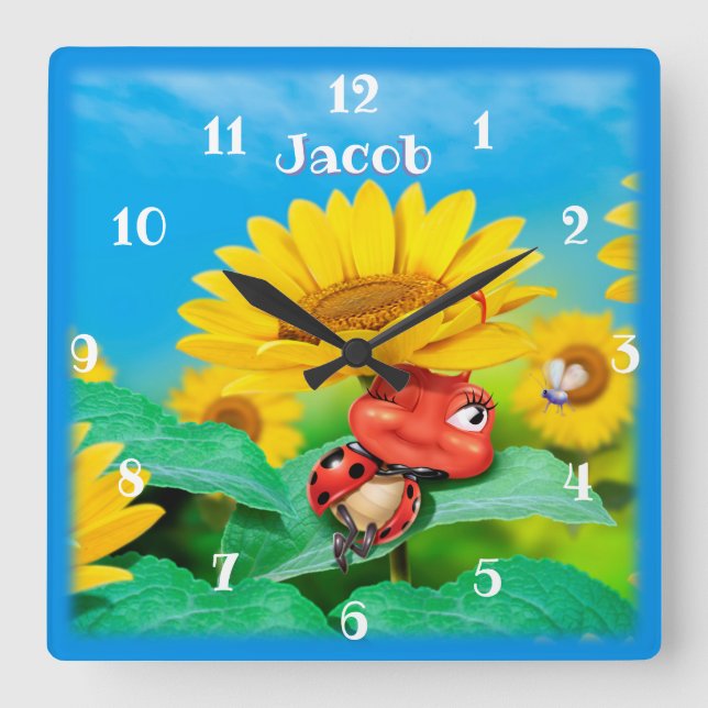 Beautiful Ladybug snoozing on Sunflowers. Square Wall Clock (Front)