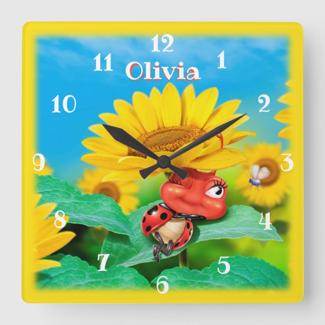 Beautiful Ladybug snoozing on Sunflowers. Square Wall Clock (Front)