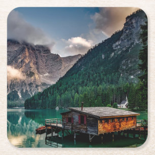 Beautiful Lake House Cabin in the Mountains Square Paper Coaster