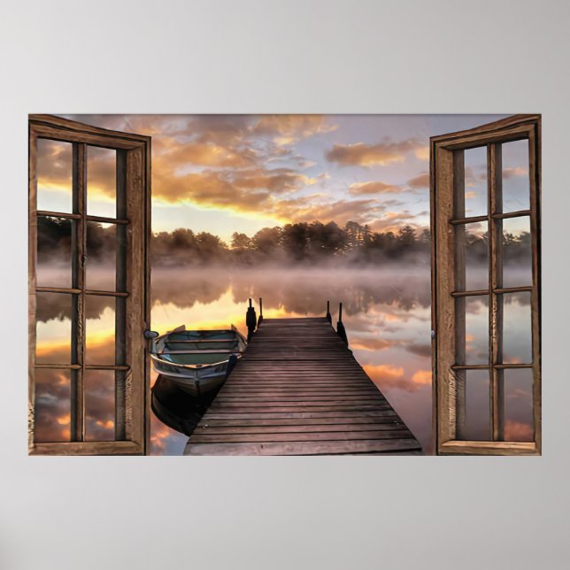 Beautiful Lake Through Window With Boat Horizontal Poster (Front)