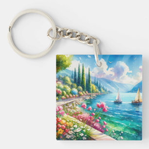 Beautiful Lake with sailboats and flowers Painting Key Ring