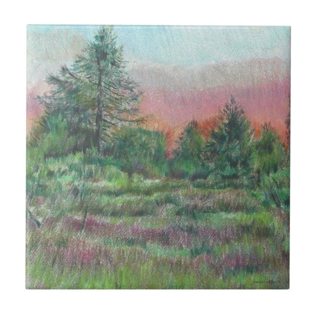 Beautiful Landscape Art Trees Pink Sky Night Ceramic Tile (Front)