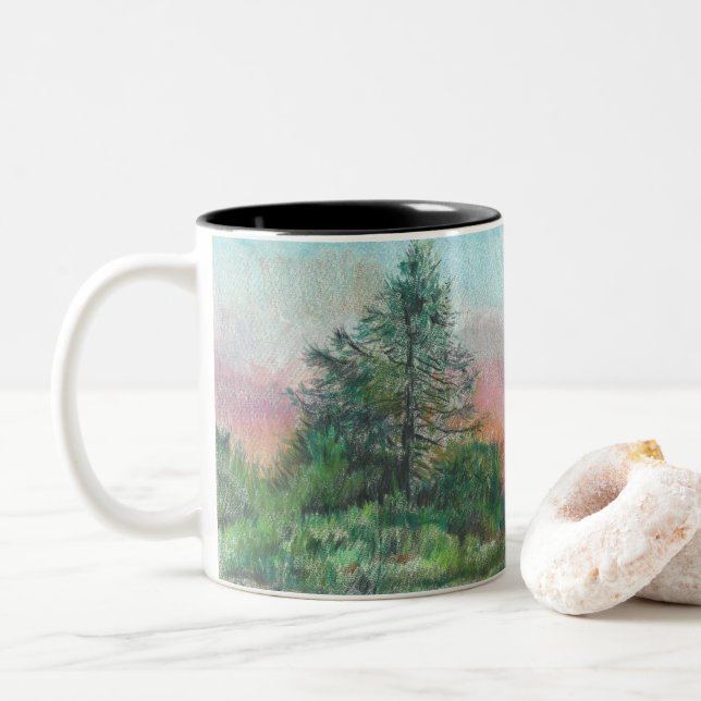 Beautiful Landscape Art Trees Pink Sky Two-Tone Coffee Mug (With Donut)