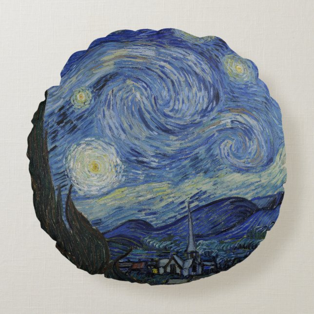 Beautiful Landscape Blue Night Sky Golden Stars Round Cushion (Front)
