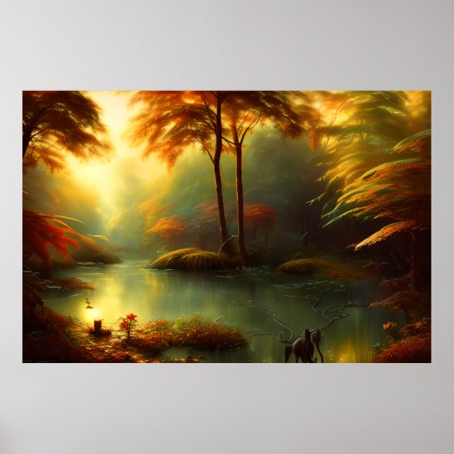 Beautiful landscape Golden autumn trees lake Poster (Front)