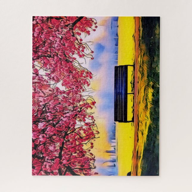 Beautiful landscape with cherry trees and a bench  jigsaw puzzle (Vertical)