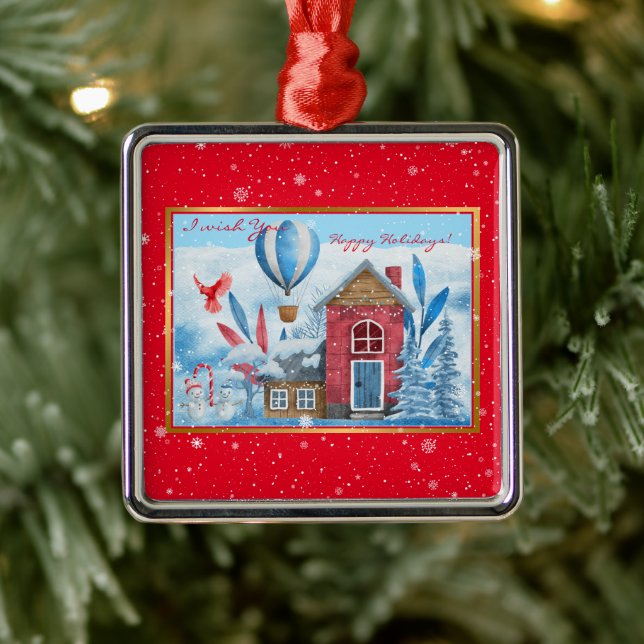 Beautiful Landscape With Snowman Customise Metal Ornament (Tree)