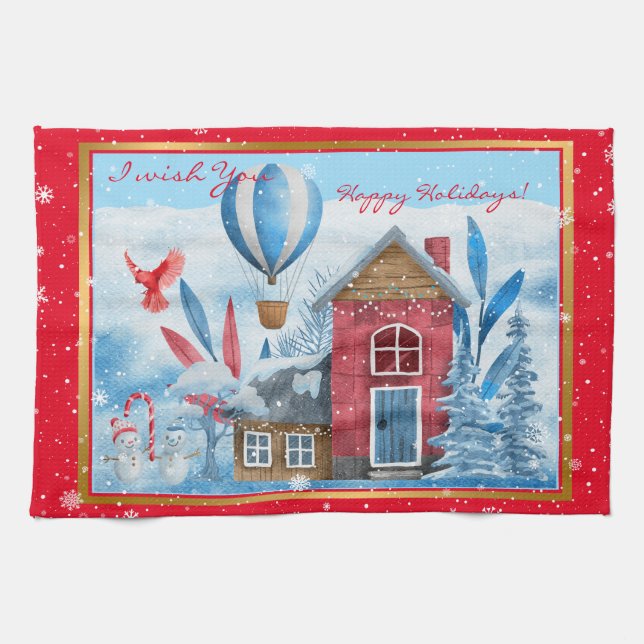 Beautiful Landscape With Snowman Customise Tea Towel (Horizontal)