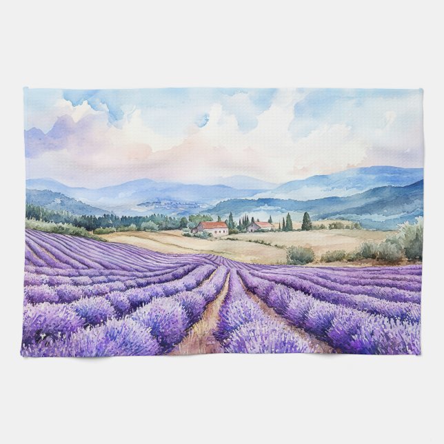 Beautiful lavender fields watercolours tea towel (Horizontal)