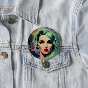 Beautiful Lavender & Green Retro Style Space Woman 7.5 Cm Round Badge