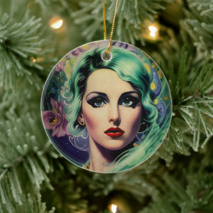 Beautiful Lavender & Green Retro Style Space Woman Ceramic Ornament