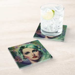 Beautiful Lavender & Green Retro Style Space Woman Glass Coaster