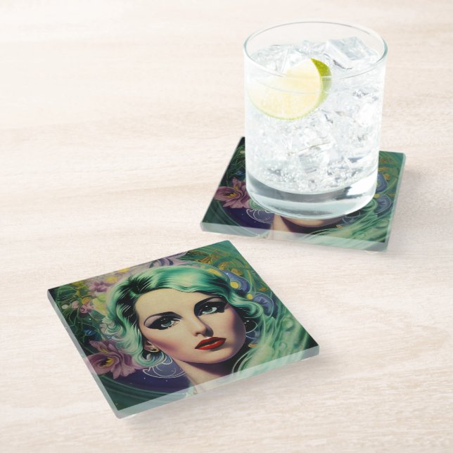 Beautiful Lavender & Green Retro Style Space Woman Glass Coaster (Angled)