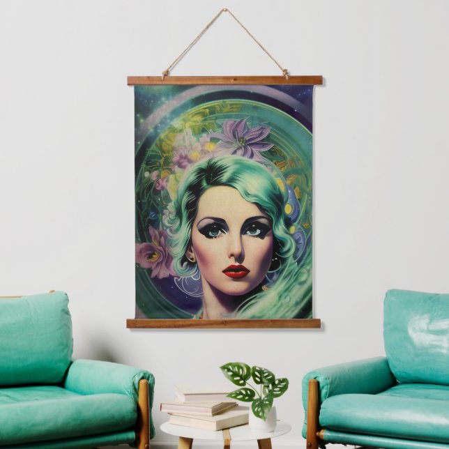 Beautiful Lavender & Green Retro Style Space Woman Hanging Tapestry (Living Room)