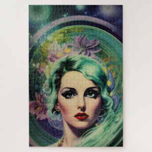 Beautiful Lavender & Green Retro Style Space Woman Jigsaw Puzzle