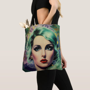 Beautiful Lavender & Green Retro Style Space Woman Tote Bag