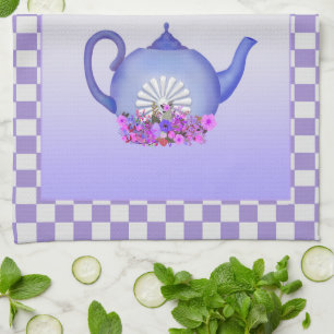 Beautiful Lavender Teapot + Flowers Kitchen Towel