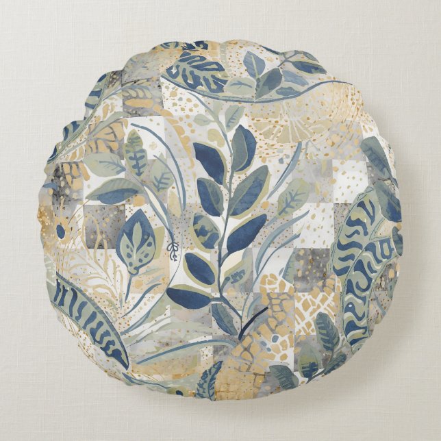 Beautiful Leaves Pattern, Blue Gold Beige Round Cushion (Front)
