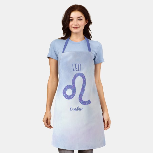 Beautiful Leo Astrology Sign Personalised Purple Apron (Worn)