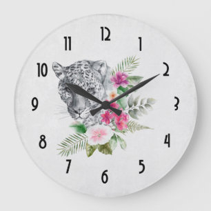 Beautiful Leopard Head Portrait in Watercolor Large Clock