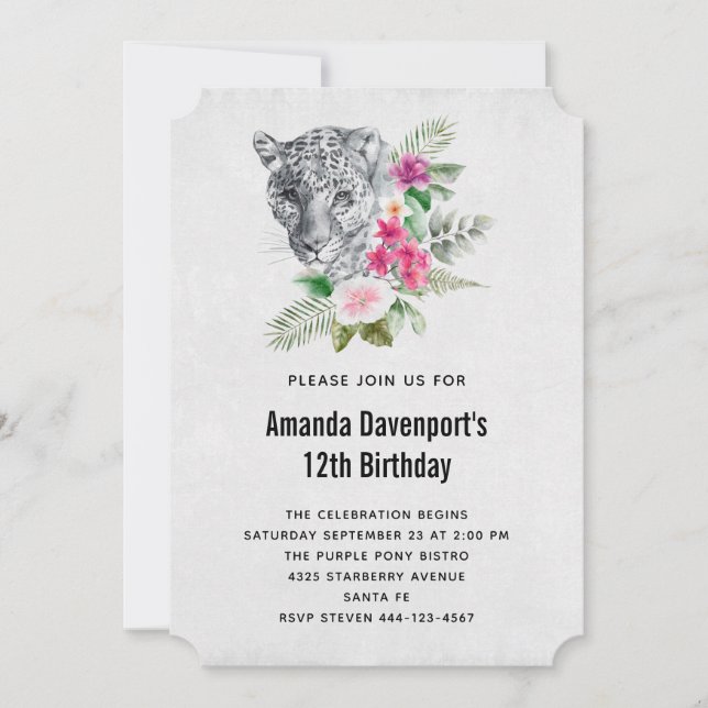 Beautiful Leopard Portrait Watercolor Birthday Invitation (Front)