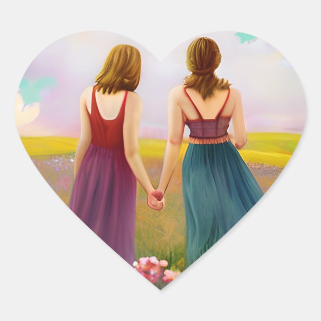 Beautiful Lesbian Couple in Field of Flowers Heart Sticker (Front)